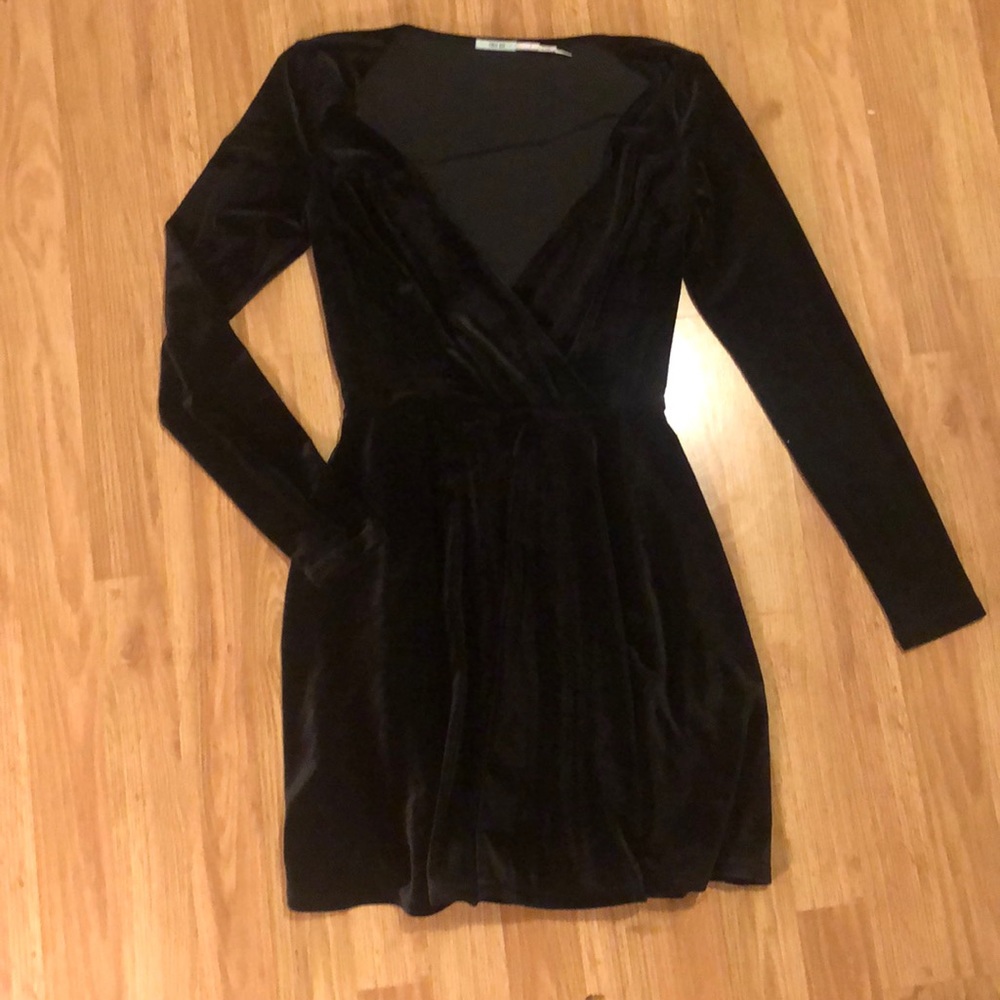 Black velvet, deep V long sleeve dress